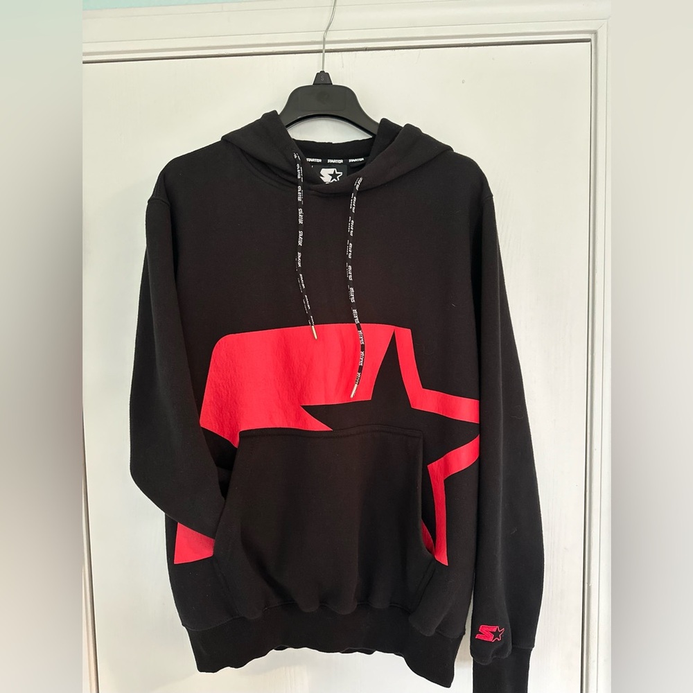 STARTER Hoodie Shadow Star Logo Black w/ Red Graphic Mens M  Excellent Condition